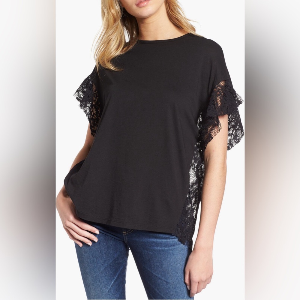 AG Adriano Goldschmied Sofi Lace Tee, Size S, Black
